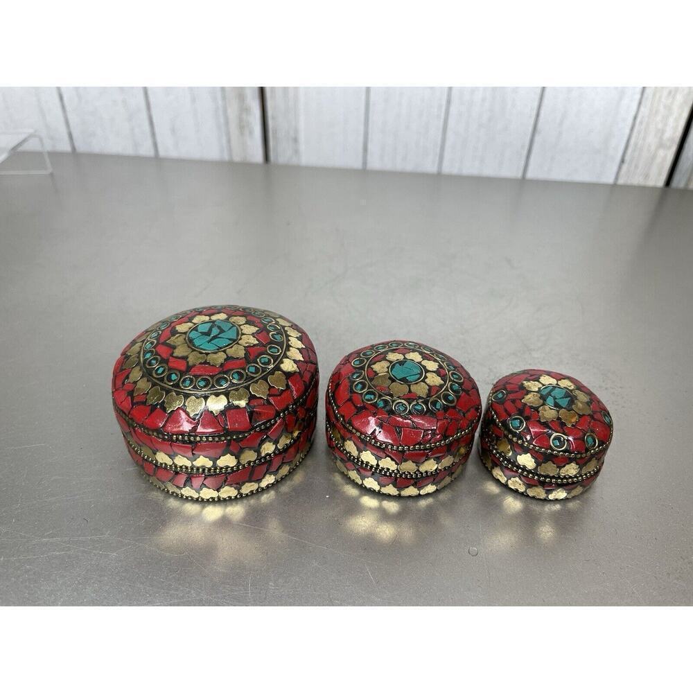 Round Trinket Box Multicolor Stones Indian Nesting Boxes Red Gold Set Of 3